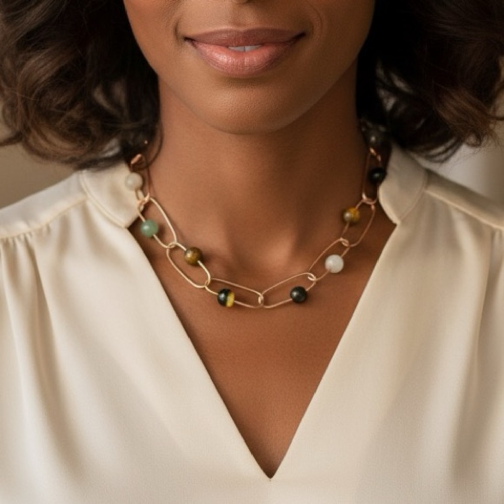 Handmade Copper & Gemstone Link Choker Necklace - 18"
